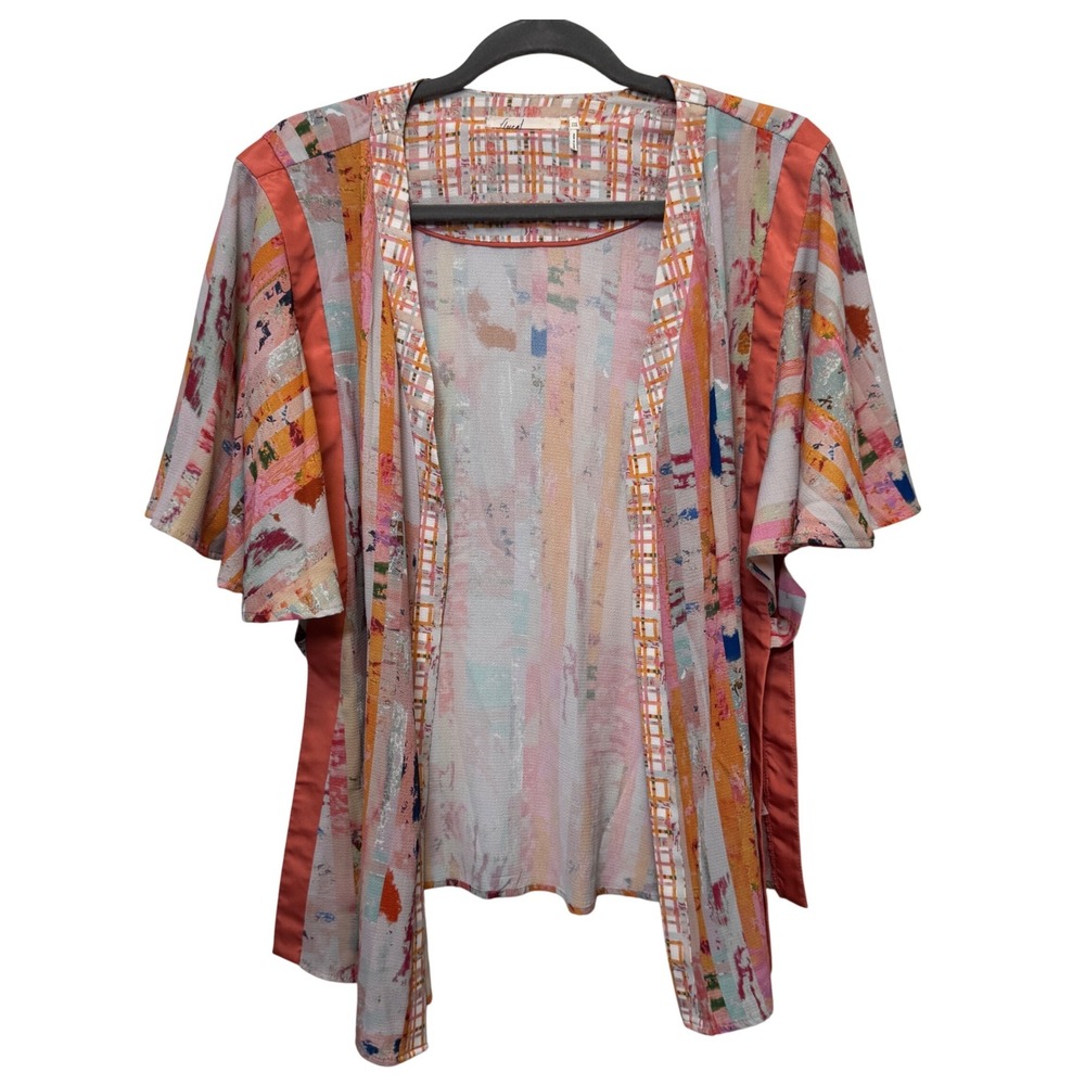 Floreat Kimono‎ Topper OS Multi Color Abstract Paint Plaid Flutter Sleeve Boho